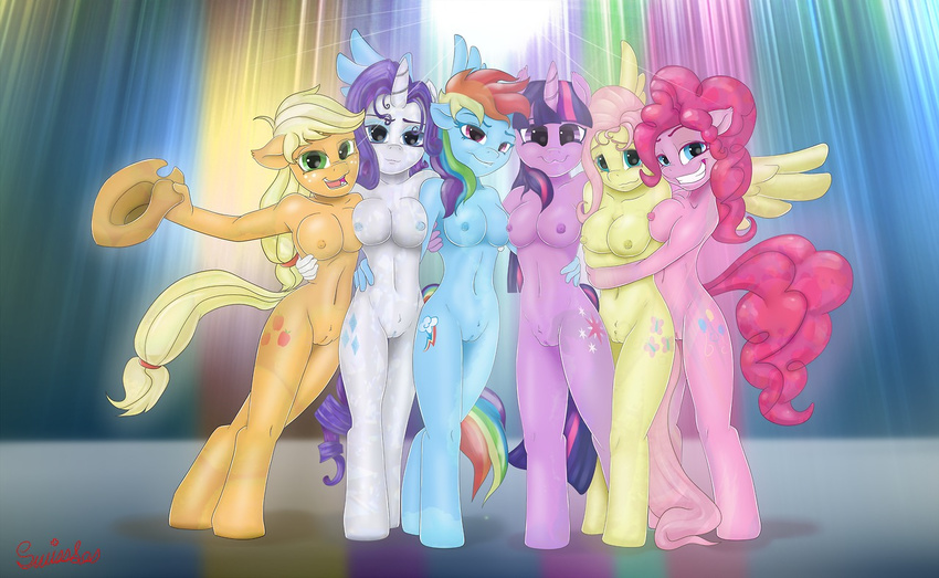 anthro anthrofied applejack_(mlp) blonde_hair blue_eyes blue_fur breasts cowboy_hat cutie_mark equine female fluttershy_(mlp) freckles friendship_is_magic fur green_eyes group hair hat horn horse mammal multi-colored_hair my_little_pony pegasus pink_fur pink_hair pinkie_pie_(mlp) pony purple_eyes purple_hair pussy rainbow_dash_(mlp) rainbow_hair rarity_(mlp) signature smile swissleos twilight_sparkle_(mlp) unicorn wings yellow_fur