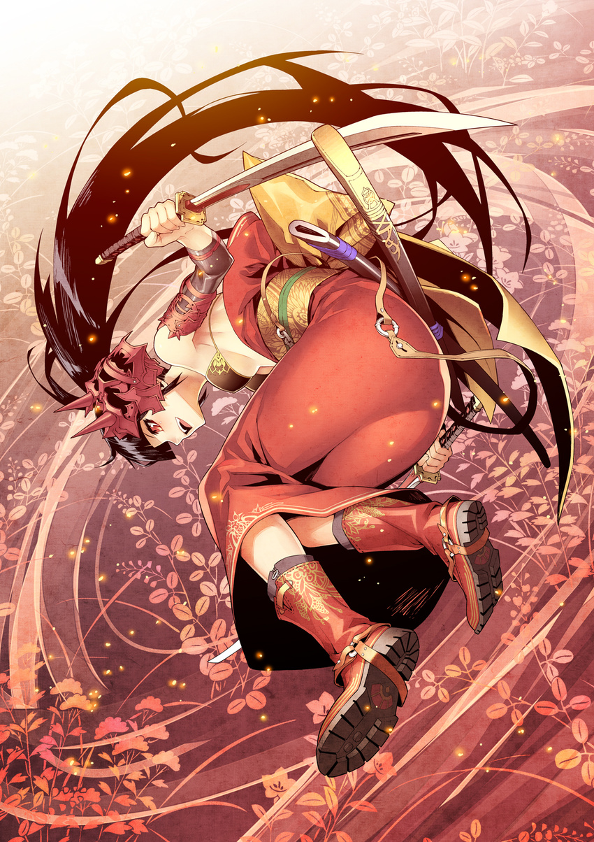 bikini_top black_hair breasts detached_sleeves dress dual_wielding highres holding japanese_clothes katana kimono kunieda light_particles long_hair medium_breasts obi off_shoulder oni_mask open_mouth original ponytail red_dress red_eyes reverse_grip sash shoe_soles solo sword underboob very_long_hair weapon