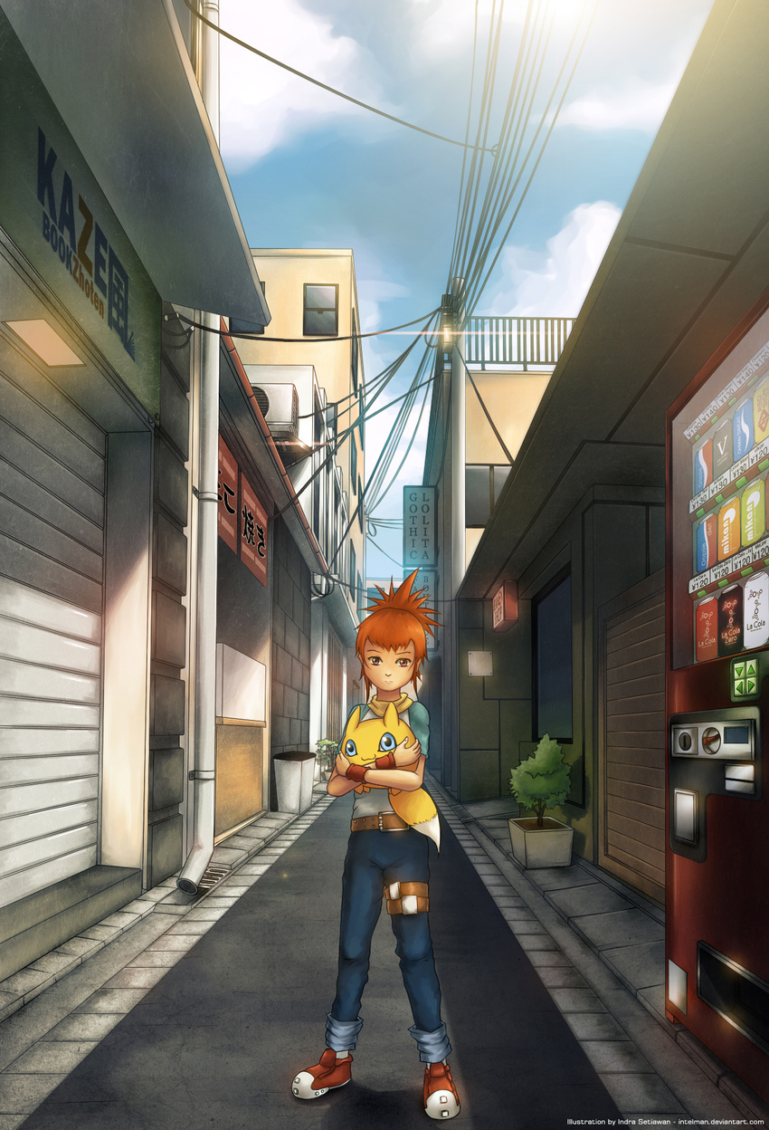 air_conditioner alley animal artist_name belt blue_eyes brown_eyes city cloud day denim digimon digimon_tamers drainpipe high_ponytail highres holding holding_animal intelman jeans legs_apart looking_at_viewer makino_ruki orange_hair outdoors overhead_door pants planter pokomon power_lines raglan_sleeves red_footwear shoes short_hair short_sleeves sky solo standing tree vanishing_point vending_machine watermark web_address wide_shot wristband