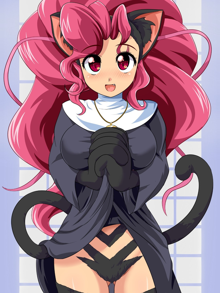 1girl alternate_color animal_ears black_fur blush breasts capcom cat_ears cat_tail clothed clothing darkstalkers doubleasterisk edit fang fangs felicia felicia_(darkstalkers) felicia_nun feline female fur hair highres konpeto long_hair looking_at_viewer mammal navel nun open_mouth pink_eyes pink_hair red_eyes tail tongue vampire_(game) video_games wide_hips