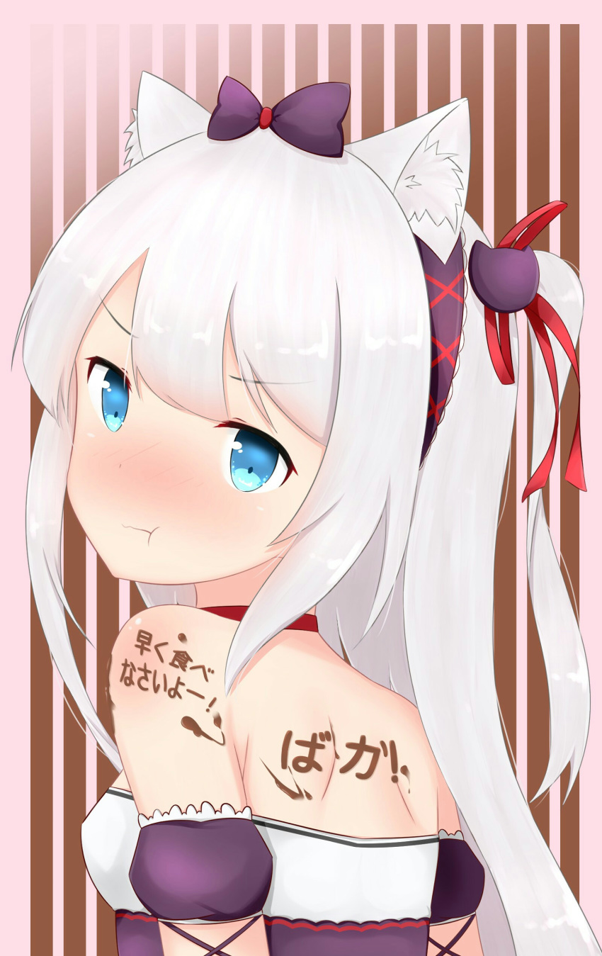 1girl :t absurdres animal_ear_fluff animal_ears azur_lane bangs bare_shoulders black_bow black_sleeves blue_eyes blush body_writing bow cat_ears cat_hair_ornament chocolate_on_body choker closed_mouth commentary_request detached_sleeves dress eyebrows_visible_through_hair hair_bow hair_ornament hair_ribbon hammann_(azur_lane) highres long_hair looking_at_viewer looking_to_the_side nose_blush one_side_up pout puffy_short_sleeves puffy_sleeves red_choker red_ribbon ribbon short_sleeves shoulder_blades silver_hair solo strapless strapless_dress upper_body yuujoduelist