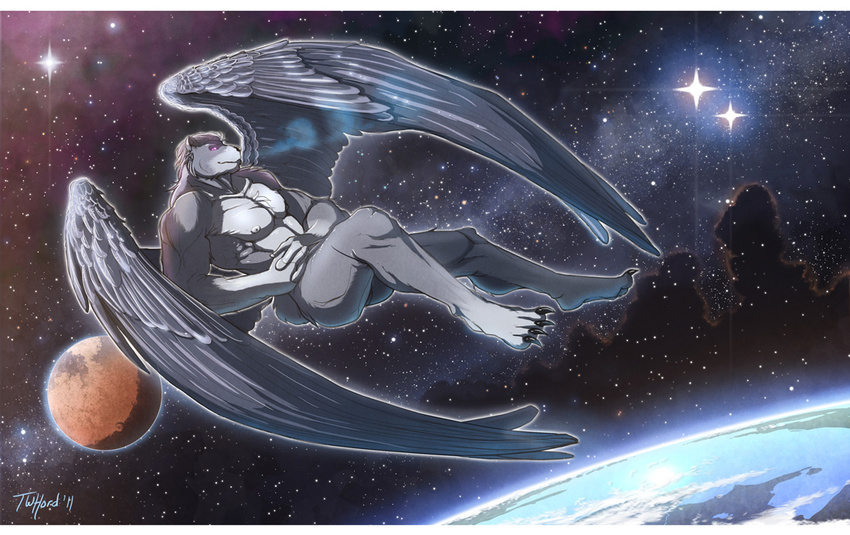 black_nose butt claws corvuspointer earth fur glowing glowing_eyes grey_feathers grey_fur male muscles nipples nude pecs red_eyes sky solo space stars unknow_species unknown_species wings