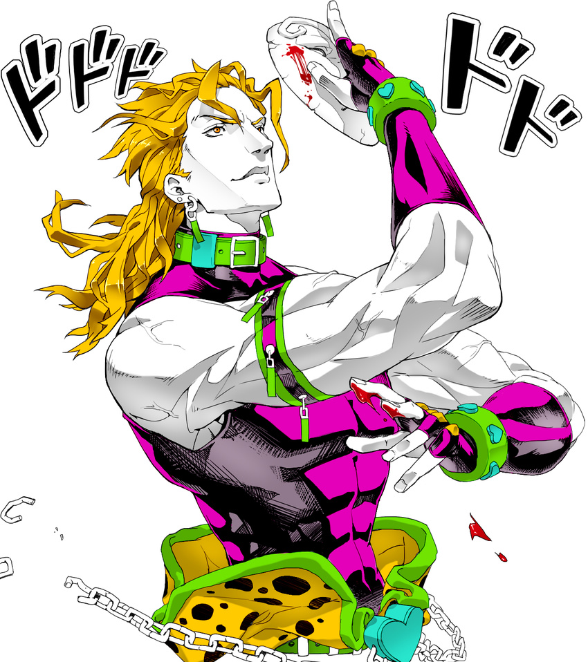 blonde_hair blood chain collar dio_brando fingerless_gloves gloves highres jojo_no_kimyou_na_bouken lips long_hair male_focus mask muscle red_eyes solo stone_mask_(jojo) velzhe