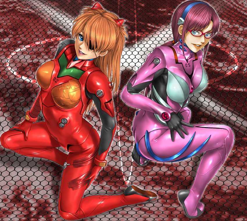 bangs blue_eyes blue_hairband blush bodysuit bracer breasts breasts_apart evangelion:_3.0_you_can_(not)_redo eyepatch from_side full_body glasses gloves grin hair_over_one_eye hair_tie hairband hands_on_own_thighs happy headgear highres honeycomb_(pattern) kneeling large_breasts legs_apart lips long_hair looking_at_viewer looking_back low_twintails makinami_mari_illustrious medium_breasts multiple_girls neon_genesis_evangelion number one_eye_covered one_knee orange_hair outline parted_bangs parted_lips pilot_suit pink_bodysuit pink_lips plugsuit purple_hair rebuild_of_evangelion red-framed_eyewear red_bodysuit red_lips shikinami_asuka_langley shiny shiny_clothes sidelocks skin_tight smile souryuu_asuka_langley squatting straight_hair tape tiptoes toten_(der_fuhrer) turtleneck twintails twisted_torso two_side_up