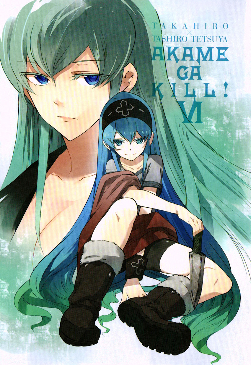 akame_ga_kill! blue_eyes blue_hair boots breasts cleavage cover cover_page cross dagger dual_persona esdeath gradient_hair green_eyes green_hair headband highres large_breasts long_hair multicolored_hair multiple_girls official_art smile tashiro_tetsuya very_long_hair weapon younger