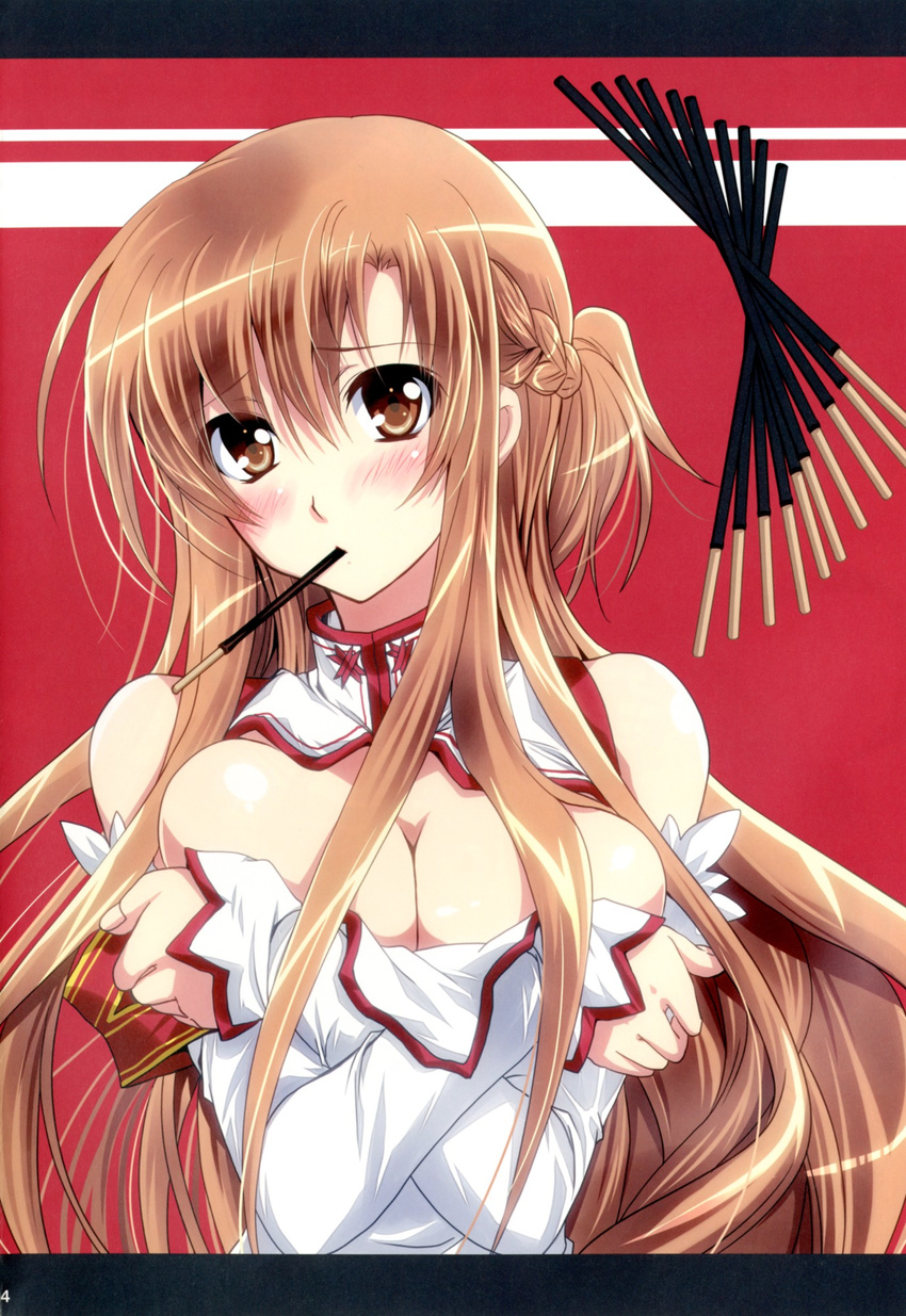 asuna_(sao) bare_shoulders blush breasts brown_eyes brown_hair cleavage covering covering_breasts detached_sleeves food highres kanna_(plum) large_breasts long_hair mouth_hold pocky solo sword_art_online