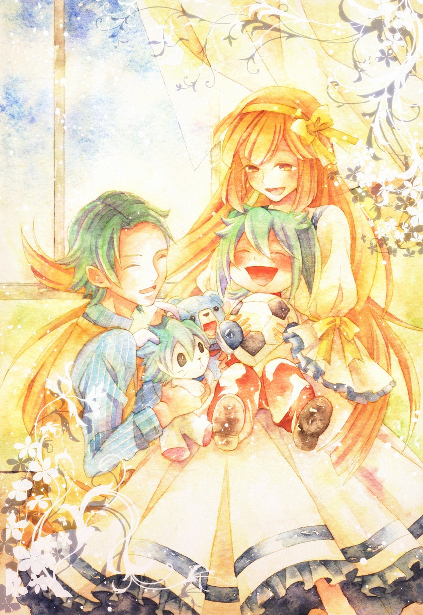 2boys asurei_rune bad_id bad_pixiv_id ball bow child closed_eyes dress family fei_rune green_hair hair_bow hairband happy highres inazuma_eleven_(series) inazuma_eleven_go inazuma_eleven_go_chrono_stone long_hair multiple_boys nanobana_kinako orange_hair refla short_twintails sitting sitting_on_lap sitting_on_person soccer_ball spoilers stuffed_animal stuffed_toy teddy_bear telstar twintails very_long_hair