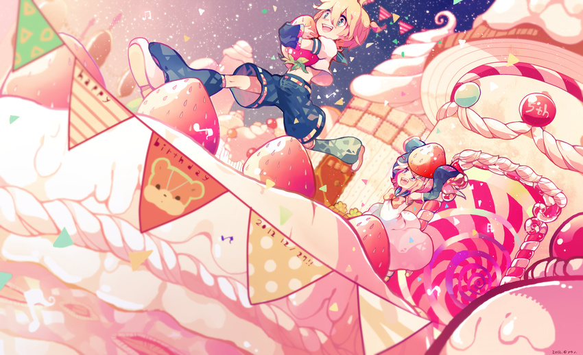 1girl blonde_hair bow brother_and_sister cake food fruit green_eyes highres kagamine_len kagamine_rin short_hair shorts siblings souno_kazuki strawberry twins vocaloid