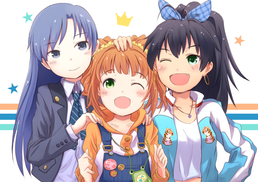 ;d animal_print ascot badge black_hair blue_eyes blue_hair blush brown_hair button_badge earrings fang frog ganaha_hibiki green_eyes hair_ribbon hand_on_another's_head hands_on_shoulders idolmaster idolmaster_(classic) jacket jewelry kisaragi_chihaya kokotetsu long_hair long_sleeves looking_at_viewer multiple_girls necklace one_eye_closed open_mouth orange_hair overalls pendant ponytail ribbon shirt short_hair smile takatsuki_yayoi tiger_print track_jacket twintails