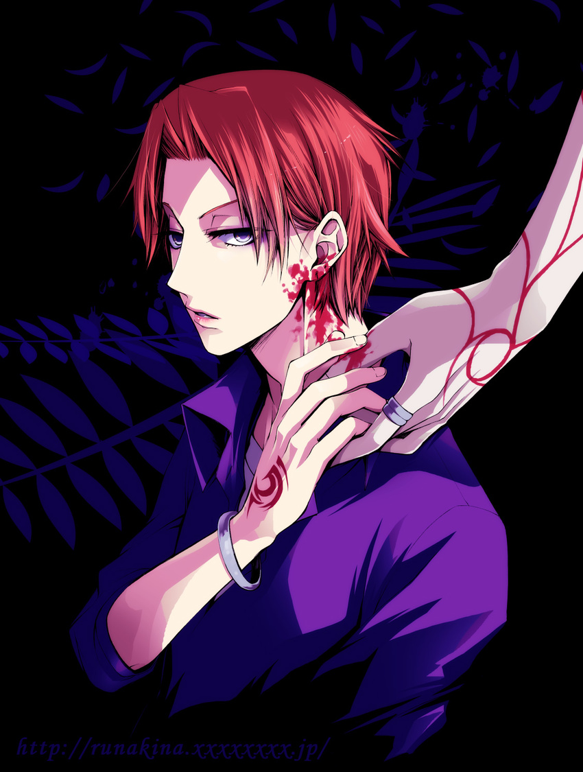 blood blood_on_face caster_(fate/zero) fate/zero fate_(series) highres jacket kinashi_runamu multiple_boys purple_eyes purple_jacket red_hair uryuu_ryuunosuke