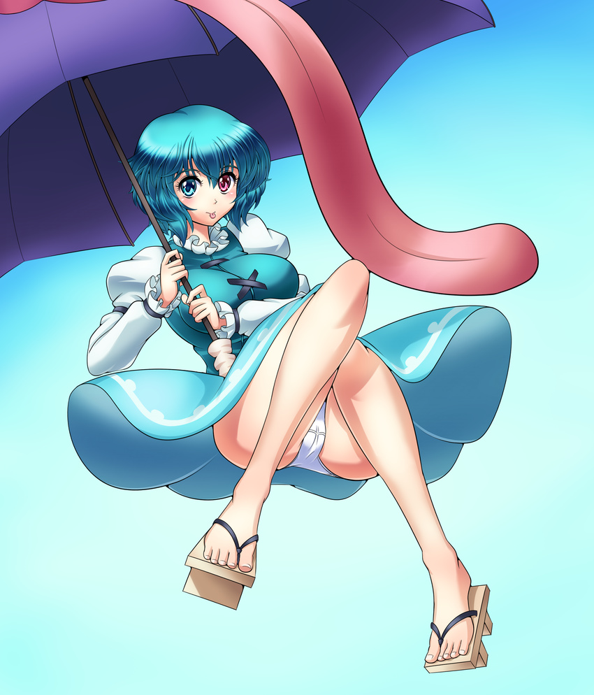 :p absurdres blue_eyes blue_hair blush breasts commentary_request geta heterochromia highres karakasa_obake large_breasts long_sleeves panties pantyshot purple_umbrella raionsan red_eyes sandals short_hair skirt skirt_lift smile solo tatara_kogasa tongue tongue_out touhou umbrella underwear vest white_panties