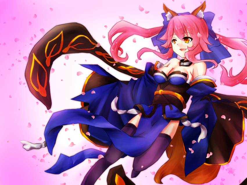 animal_ears bare_shoulders bow breasts cherry_blossoms cleavage detached_sleeves fate/extra fate_(series) fox_ears hair_bow hair_ribbon japanese_clothes kommode medium_breasts obi petals pink_hair purple_legwear ribbon sash smile solo tail tamamo_(fate)_(all) tamamo_no_mae_(fate) thighhighs twintails yellow_eyes