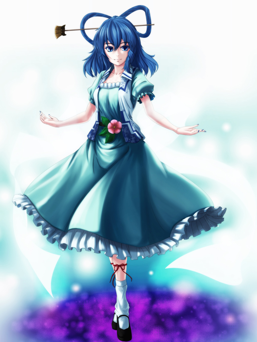 blue_eyes blue_hair dress flower hair_ornament hair_rings hair_stick highres kaku_seiga m134 shawl short_hair short_sleeves smile solo touhou vest