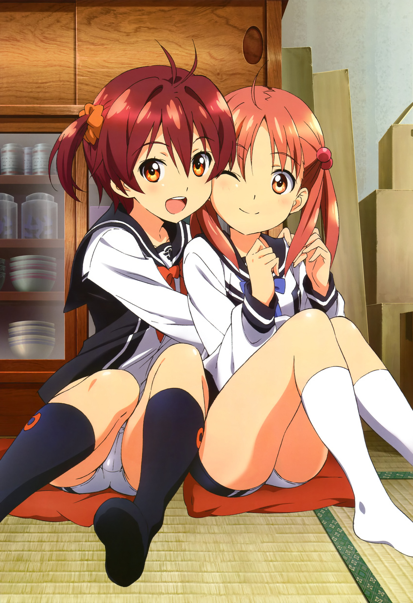 :d ;) absurdres ahoge brown_eyes hair_ornament hair_scrunchie highres isshiki_akane isshiki_momo legs multiple_girls national_shin_ooshima_school_uniform non-web_source nyantype official_art one_eye_closed open_mouth orange_scrunchie red_hair sano_keiichi scan school_uniform scrunchie serafuku short_shorts shorts siblings side_ponytail sisters smile socks twintails vividred_operation