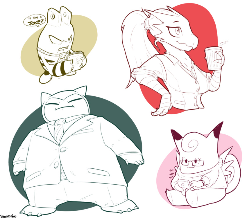 anthro avian beverage blaziken cellphone clefable clothed clothing coffee elekid english_text eyes_closed female frown male mammal nintendo open_mouth phone pok&eacute;mon pok&eacute;mon_(species) ponytail shoutingisfun smile snorlax text video_games