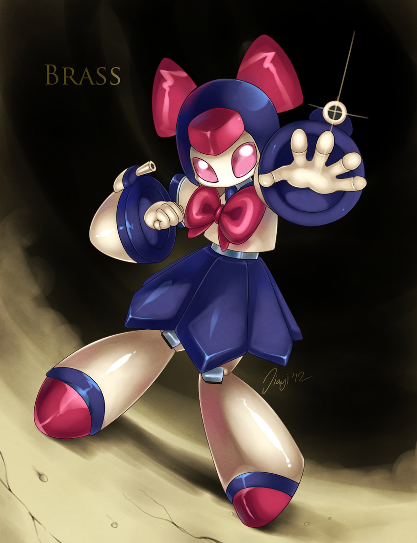 brass female gun jiayi machine mechanical medabots pink_eyes ranged_weapon ribbons robot solo standing weapon