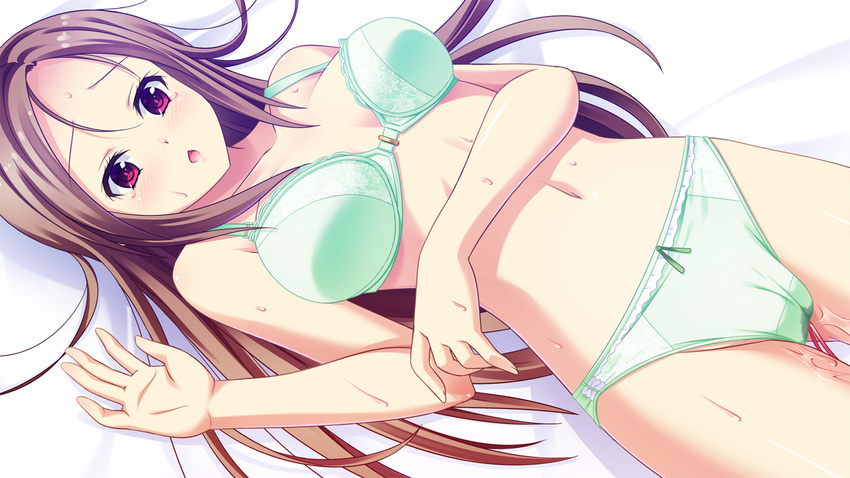 1girl bed blush bra breasts brown_hair long_hair lying midriff natsukon open_mouth panties patiens pussy_juice red_eyes solo sweat tears underwear