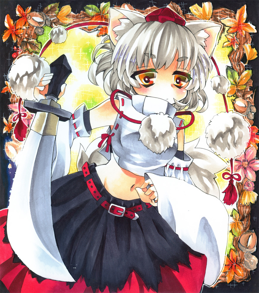 acorn animal_ears anor bare_shoulders belt blush detached_sleeves hat highres inubashiri_momiji leaf looking_at_viewer maple_leaf millipen_(medium) navel pastel_(medium) red_eyes short_hair skirt solo sword tail tokin_hat touhou traditional_media weapon white_hair wolf_ears wolf_tail