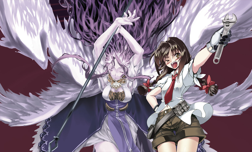 &gt;_o :d adjustable_wrench alternate_hair_color angel angel_wings arms_up belt blush braid brown_hair closed_eyes gloves multiple_girls multiple_wings one_eye_closed open_mouth pocket purple_hair rika_(touhou) sariel shorts smile staff touhou touhou_(pc-98) twin_braids wakanita wings wrench