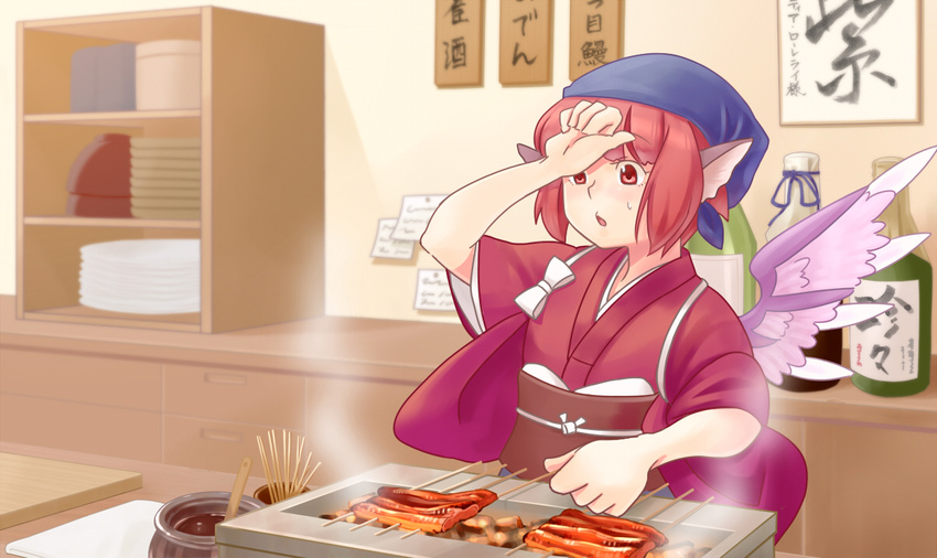 animal_ears bottle food head_scarf japanese_clothes kimono meat mystia_lorelei obi okamisty pink_eyes pink_hair plate red_kimono sash short_hair solo tappei tasuki touhou wide_sleeves wings yukata