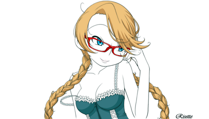 1girl blonde_hair blue_eyes braid breasts character_name cleavage english glasses kamocham large_breasts off_shoulder pop'n_music pop'n_music red-framed_glasses risette simple_background smile tank_top twin_braids white_background