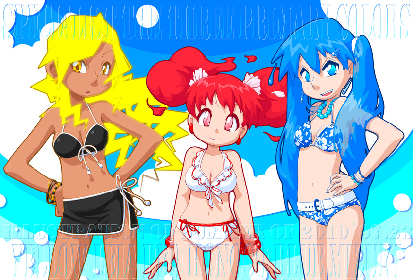 2010 3girls bare_shoulders belt bikini blonde_hair blue_eyes blue_hair bracelet breasts cleavage dark_skin earrings electricity english fiery_hair fire flame front-tie_top hair_ornament hairclip hand_on_hip hands_on_hips head_tilt highres hono-sho_hinoko jewelry kamocham long_hair looking_at_viewer multiple_girls navel necklace open_mouth original ponytail red_eyes red_hair ryusuiki_kiri side-tie_bikini side_slit sky smile swimsuit symbol-shaped_pupils thigh_gap todoroki_kaminari very_long_hair water yellow_eyes