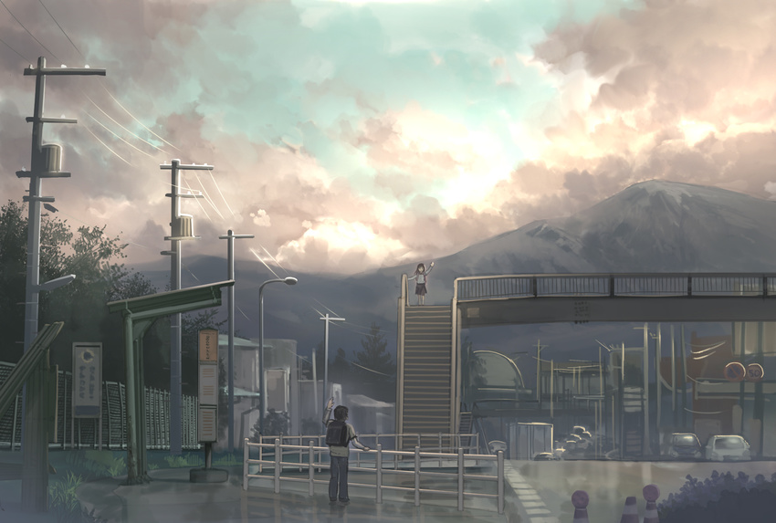 1girl bag black_hair building car cityscape cloud fence fo~do from_behind grass ground_vehicle highres lamppost morioka motor_vehicle mountain original pedestrian_bridge road_sign scenery sign sky standing tree waving