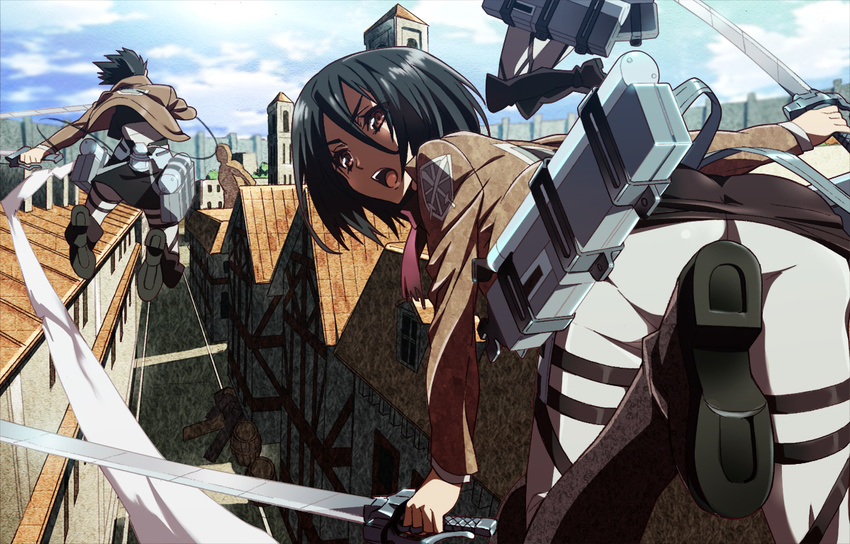 boots building emblem from_behind giant mikasa_ackerman nyoro_(nyoronyoro000) paradis_military_uniform shingeki_no_kyojin sword three-dimensional_maneuver_gear titan_(shingeki_no_kyojin) town training_corps_(emblem) weapon