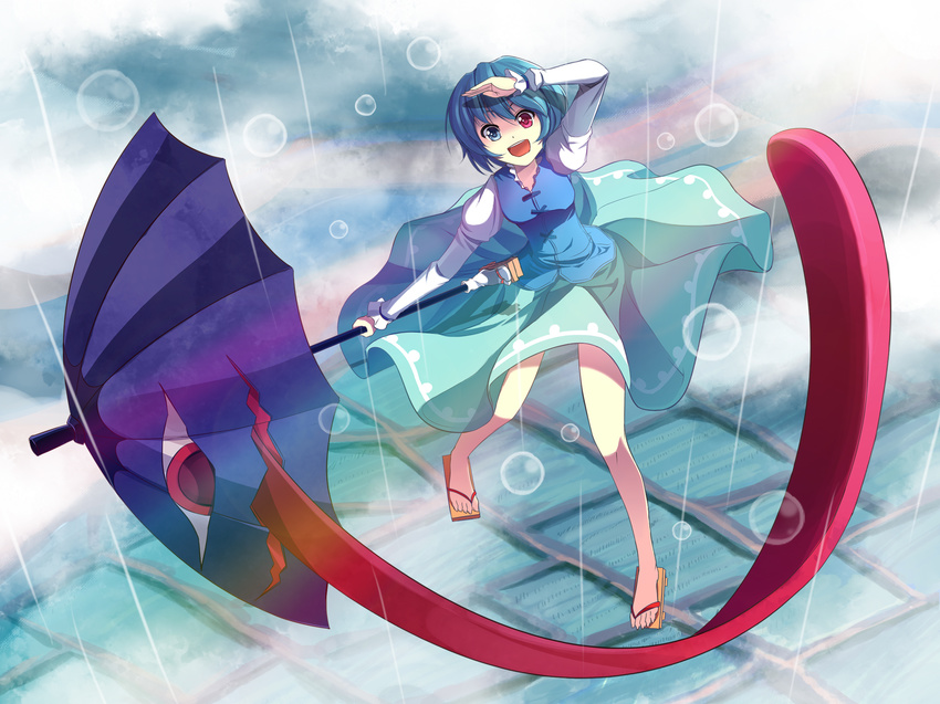 arm_over_head bare_legs blue_eyes blue_hair bubble fog geta heterochromia highres karakasa_obake long_sleeves open_mouth purple_umbrella rain red_eyes shinebell short_hair skirt smile solo tatara_kogasa tongue touhou umbrella water