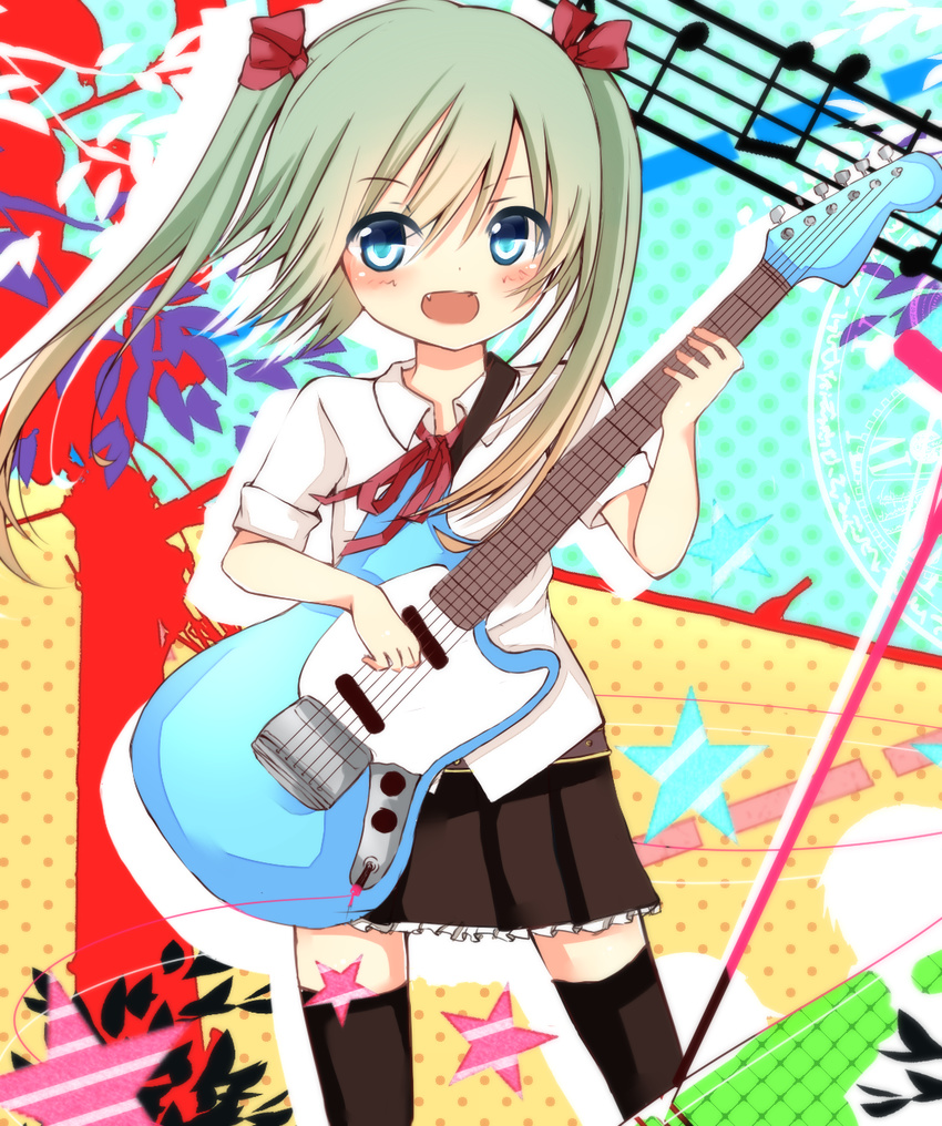 aqua_eyes aqua_hair fang guitar hatsune_miku highres instrument long_hair shirt sleeves_rolled_up solo tosura-ayato twintails vocaloid white_shirt