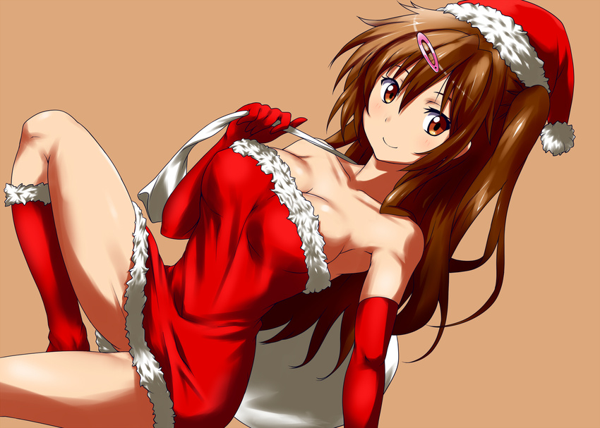 bad_id bad_pixiv_id bare_shoulders blush boots breasts brown_eyes brown_hair chuunibyou_demo_koi_ga_shitai! cleavage elbow_gloves gloves hair_ornament hairclip hat highres long_hair medium_breasts nibutani_shinka nishiumi_yuuta orange_background ponytail red_gloves sack santa_boots santa_costume santa_gloves santa_hat side_ponytail simple_background smile solo