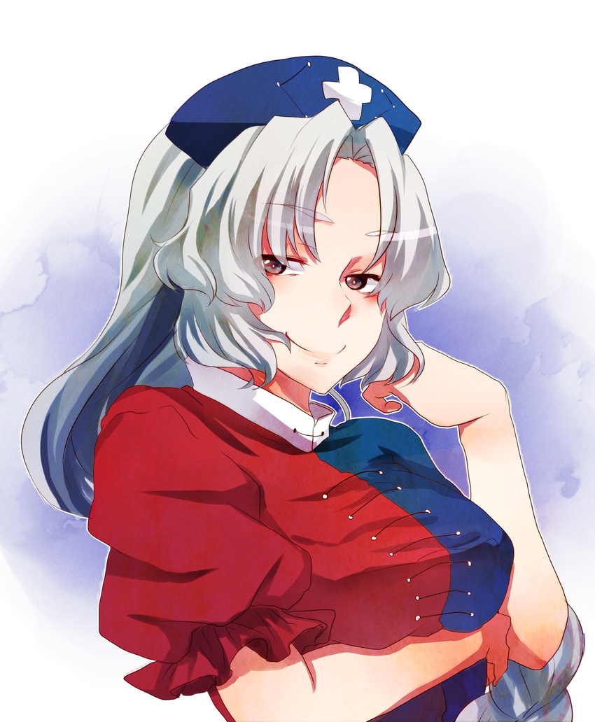 absurdres breast_hold breasts dress grey_eyes hat highres large_breasts long_hair nurse_cap rarorimiore silver_hair simple_background smile solo touhou yagokoro_eirin