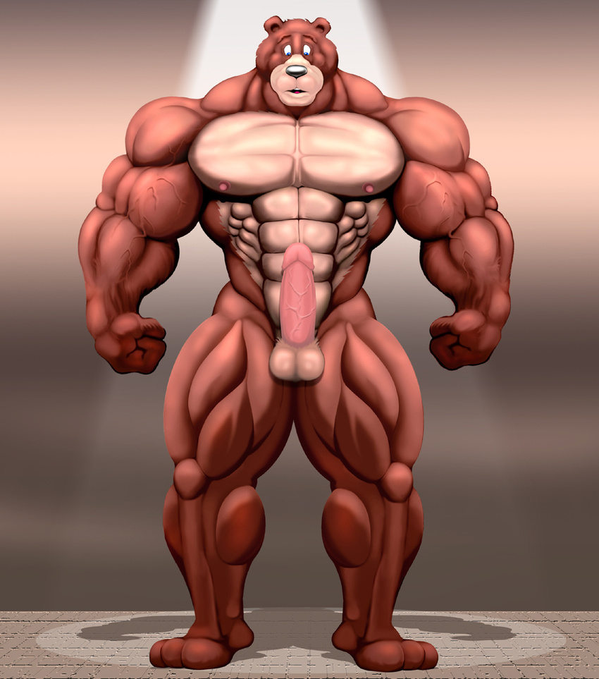 anthro balls bb bear biceps big_penis blue_eyes brown_fur erection fur male mammal muscles nipples nude pecs penis pose solo standing vein