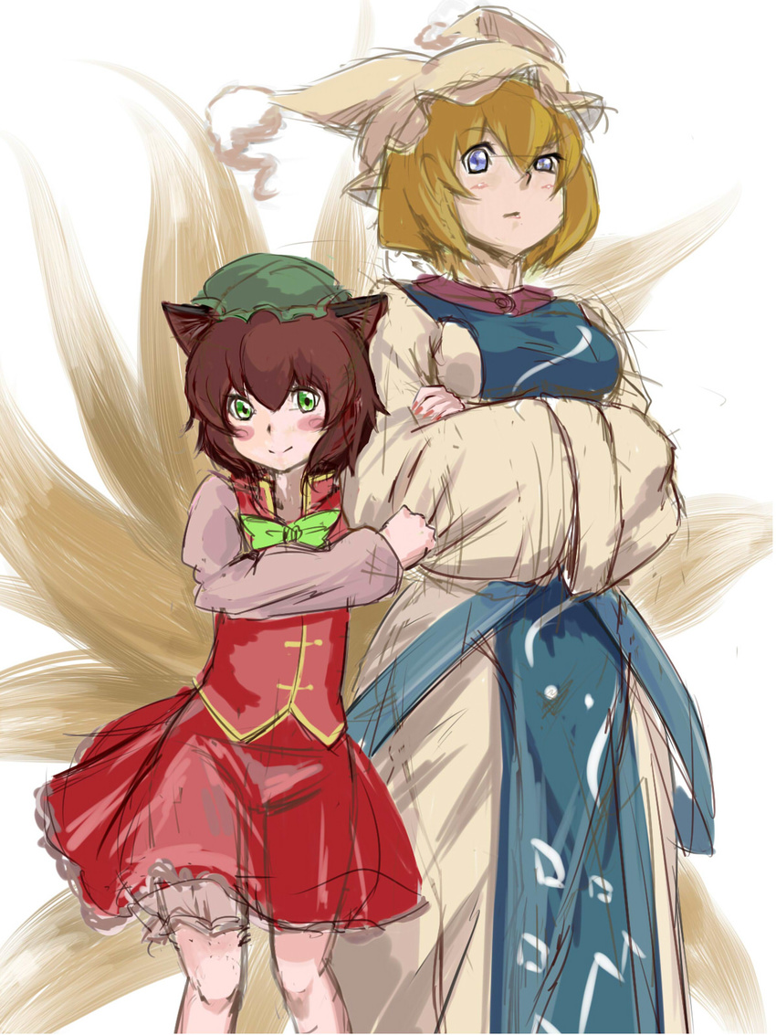 animal_ears arm_hug blonde_hair bloomers blue_eyes blush blush_stickers breasts brown_hair cat_ears chen dress fox_ears fox_tail green_eyes hands_in_opposite_sleeves hat highres large_breasts multiple_girls multiple_tails nail_polish peperoncirno short_hair tail touhou underwear wide_sleeves yakumo_ran