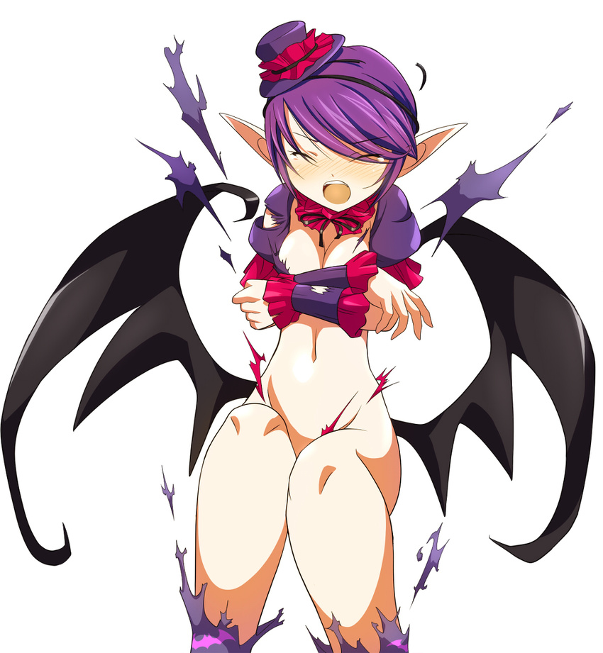 blush clam_curry demon_girl fang highres image_sample lamica md5_mismatch pixiv_sample pointy_ears print_legwear purple_eyes purple_hair queen's_blade queen's_blade_spiral_chaos short_hair solo succubus wardrobe_malfunction