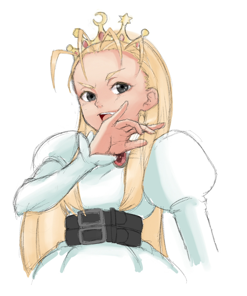 antenna_hair bad_id bad_pixiv_id belt blonde_hair blue_eyes crown cyberbots devilot_de_deathsatan_ix dress forehead hair_slicked_back hand_to_own_mouth highres hiyayakko laughing long_hair multiple_belts ojou-sama_pose open_mouth sketch solo white_dress