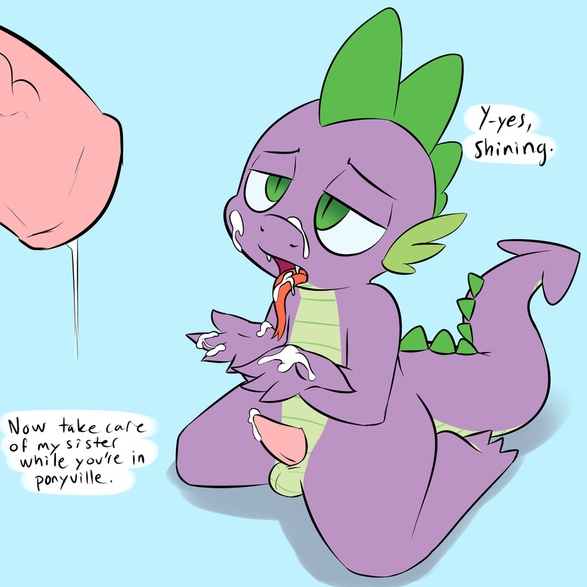 balls clopper-dude cub cum cum_in_mouth cum_on_face cumshot english_text equine erection friendship_is_magic gay green_eyes horse male my_little_pony open_mouth orgasm penis scalie shining_armor_(mlp)dragon spike_(mlp) text tongue tongue_out young