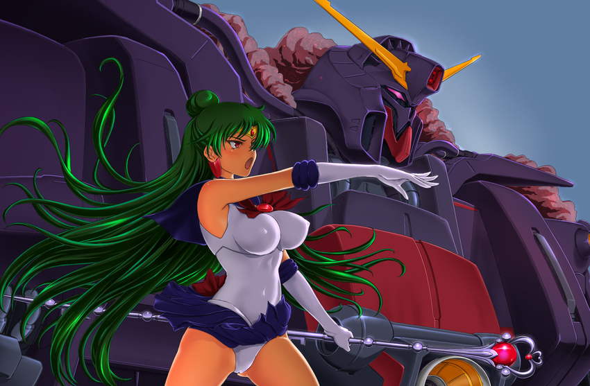 1girl back_bow bishoujo_senshi_sailor_moon bow breasts brown_bow cameltoe commentary_request covered_navel covered_nipples crossover earrings garnet_rod green_hair gundam hair_bun half_updo heart_wand jewelry large_breasts long_hair mecha meiou_setsuna open_mouth outstretched_arm psyco_gundam_mk_ii red_eyes robot sailor_pluto sailor_senshi_uniform single_hair_bun skin_tight smoke sonota_taisei staff tan tiara very_long_hair wind zeta_gundam