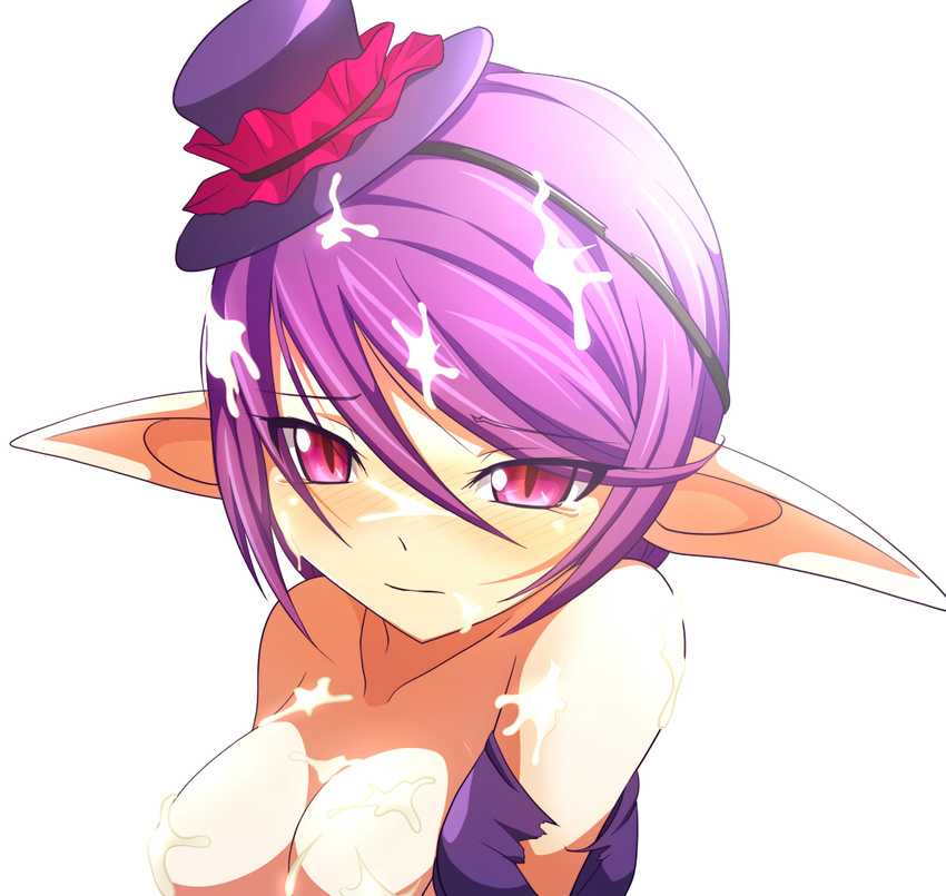 blush breasts clam_curry cum cum_on_body cum_on_breasts cum_on_hair cum_on_upper_body demon_girl lamica long_pointy_ears medium_breasts pointy_ears purple_eyes purple_hair queen's_blade queen's_blade_spiral_chaos short_hair solo succubus