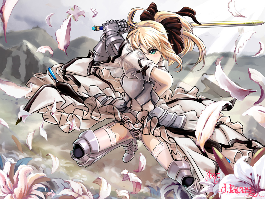 ahoge armor armored_dress artoria_pendragon_(all) bare_shoulders blonde_hair bow calibur caliburn detached_sleeves dlacus dress fate/stay_night fate/unlimited_codes fate_(series) flower garters gauntlets greaves green_eyes hair_bow highres jumping lily_(flower) long_hair panties petals ponytail saber saber_lily see-through signature solo sword underwear weapon