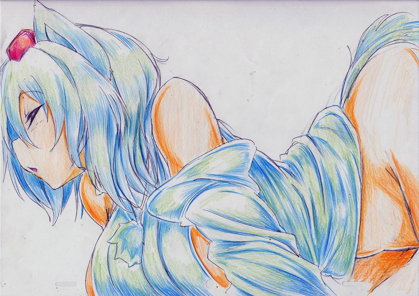 animal_ears bare_shoulders bottomless closed_eyes colored_pencil_(medium) detached_sleeves hat inubashiri_momiji kitazinger profile short_hair solo tail tokin_hat touhou traditional_media white_hair wolf_ears wolf_tail