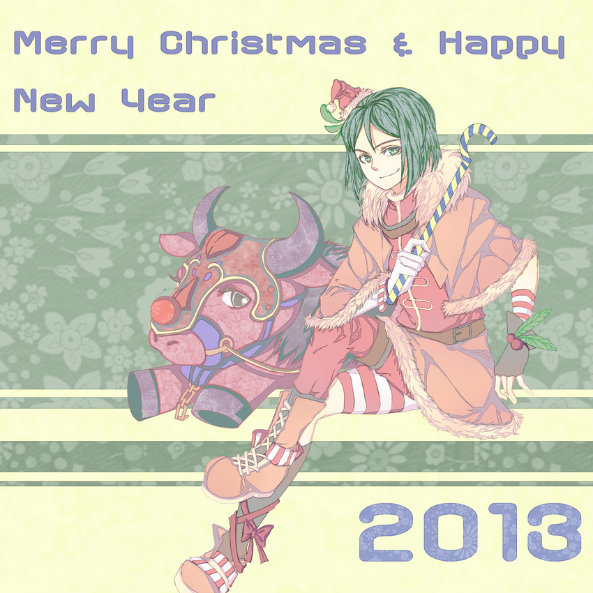 2013 ansurxc asymmetrical_clothes boots bull candy candy_cane capelet fate/zero fate_(series) fingerless_gloves food gloves green_eyes green_hair happy_new_year hat highres merry_christmas mini_hat mini_santa_hat mismatched_footwear mismatched_legwear new_year santa_hat short_hair tilted_headwear waver_velvet