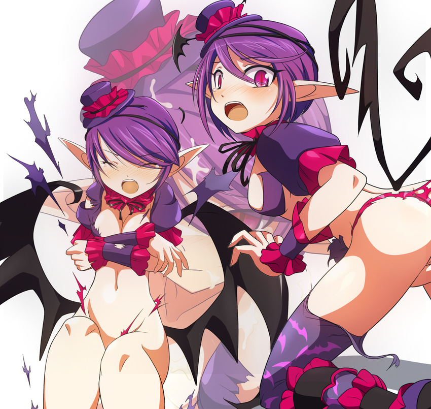 blush clam_curry demon_girl fang lamica pointy_ears print_legwear purple_eyes purple_hair queen's_blade queen's_blade_spiral_chaos short_hair succubus wardrobe_malfunction