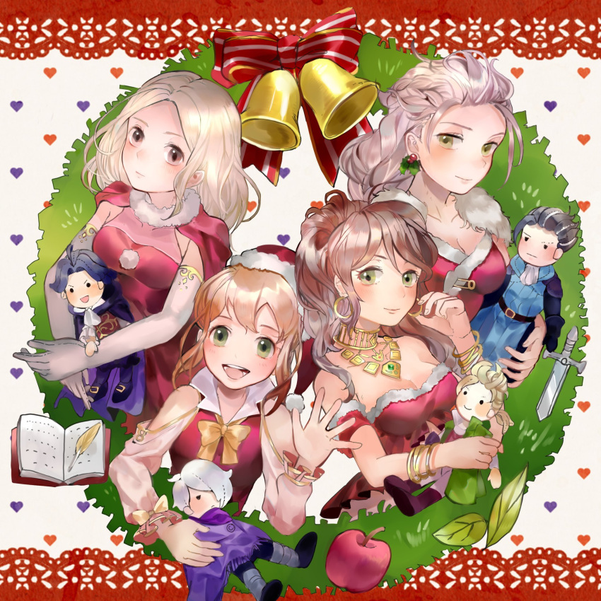 alfyn_(octopath_traveler) aubz bare_shoulders blonde_hair blush brown_hair cape chibi christmas cyrus_(octopath_traveler) dress elbow_gloves gloves h'aanit_(octopath_traveler) hair_ornament hat highres jewelry long_hair looking_at_viewer multiple_girls necklace octopath_traveler olberic_eisenberg open_mouth ophilia_(octopath_traveler) ponytail primrose_azelhart short_hair simple_background smile sword therion_(octopath_traveler) tressa_(octopath_traveler) weapon white_hair
