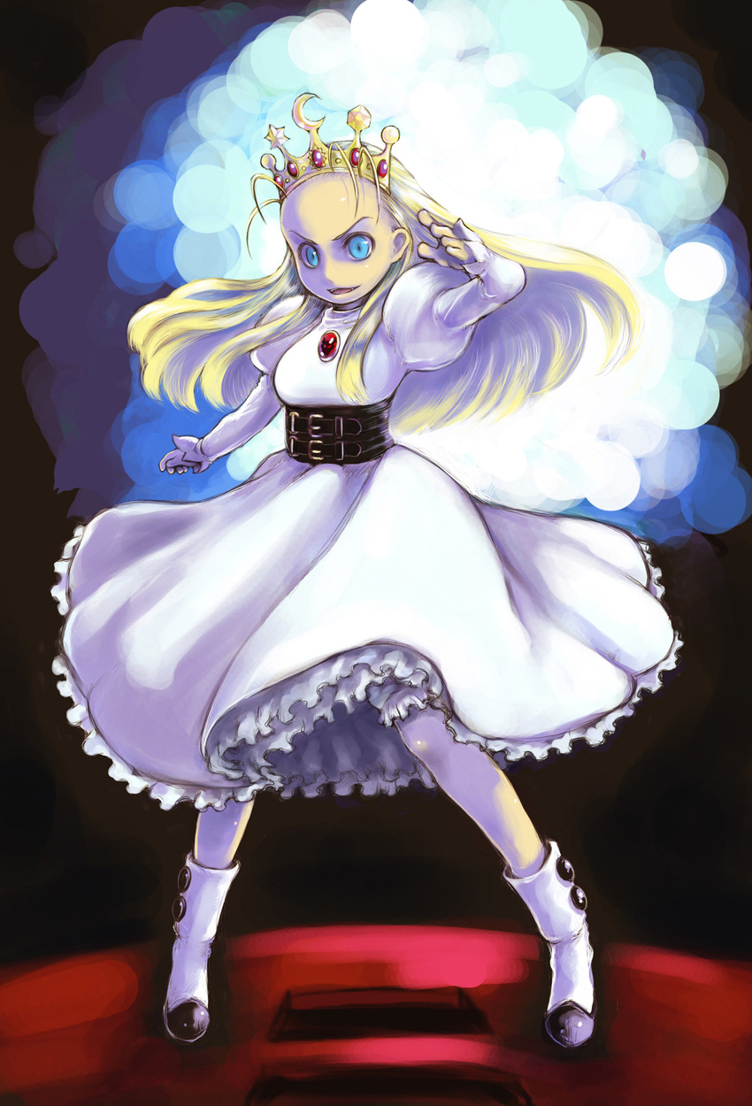 blonde_hair blue_eyes boots corset crown cyberbots devilot_de_deathsatan_ix dress forehead frills gem hair_slicked_back highres johan_(johan13) long_hair parted_lips solo