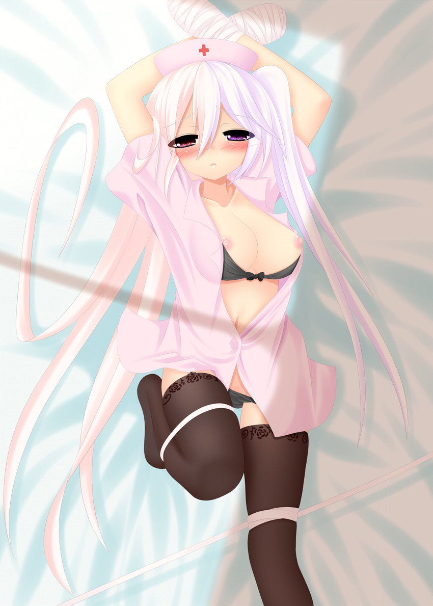 bandages black_legwear black_panties blush bra bra_pull breasts hat heterochromia highres large_breasts navel nipples nurse nurse_cap open_clothes open_shirt original panties panty_pull purple_eyes red_eyes shirt side_ponytail solo thighhighs underwear white_hair yoye_(pastel_white)