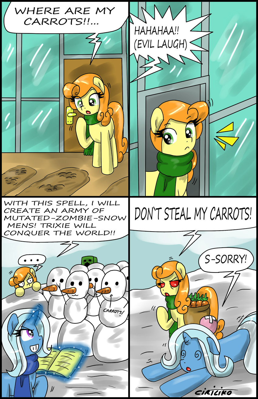 2012 ambiguous_gender angry book carrot carrot_top_(mlp) ciriliko comic creeper dialog dialogue english_text equine female feral friendship_is_magic glowing green_eyes hair horse mad magic mammal minecraft my_little_pony orange_hair outside pony red_eyes snow snowman sparkles text trixie_(mlp) video_games white_hair