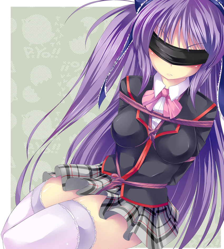 1girl arms_behind_back bdsm blindfold blush bondage bound breast_bondage breasts crotch_rope highres little_busters! maullarmaullar rope sasasegawa_sasami school_uniform shibari thighhighs tied_up