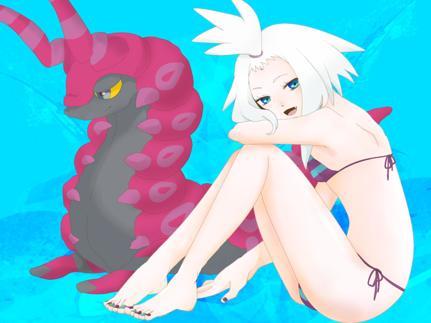 1girl aqua_nails artist_request back bare_back bare_legs bare_shoulders barefoot bikini bikini_bottom bikini_top blue_eyes fang feet female gym_leader hair_ornament hair_tie homika_(pokemon) legs looking_at_viewer nail_polish nintendo open_mouth pokemon pokemon_(game) pokemon_bw2 purple_nails scolipede short_hair side-tie_bikini silver_hair sitting source_request striped striped_bikini striped_swimsuit swimsuit toenail_polish toes topknot