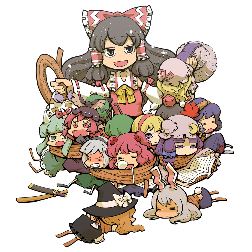 =_= alice_margatroid animal_ears antennae blonde_hair bound bow brown_eyes brown_hair bunny_ears bunny_tail cat_ears chen clenched_teeth closed_eyes detached_sleeves dress drooling earrings ex-keine green_eyes hair_bobbles hair_bow hair_ornament hairband hakurei_reimu hat hat_ribbon highres horns hounori jewelry kamishirasawa_keine kirisame_marisa konpaku_youmu long_hair multiple_girls mystia_lorelei nose_bubble onozuka_komachi open_mouth patchouli_knowledge pillow_hat purple_eyes purple_hair reading red_eyes red_hair reisen_udongein_inaba ribbon rope shameimaru_aya sheath shoes silver_hair sleeping socks sword tail tassel teeth tied_up touhou weapon wriggle_nightbug yakumo_ran yakumo_yukari yasaka_kanako